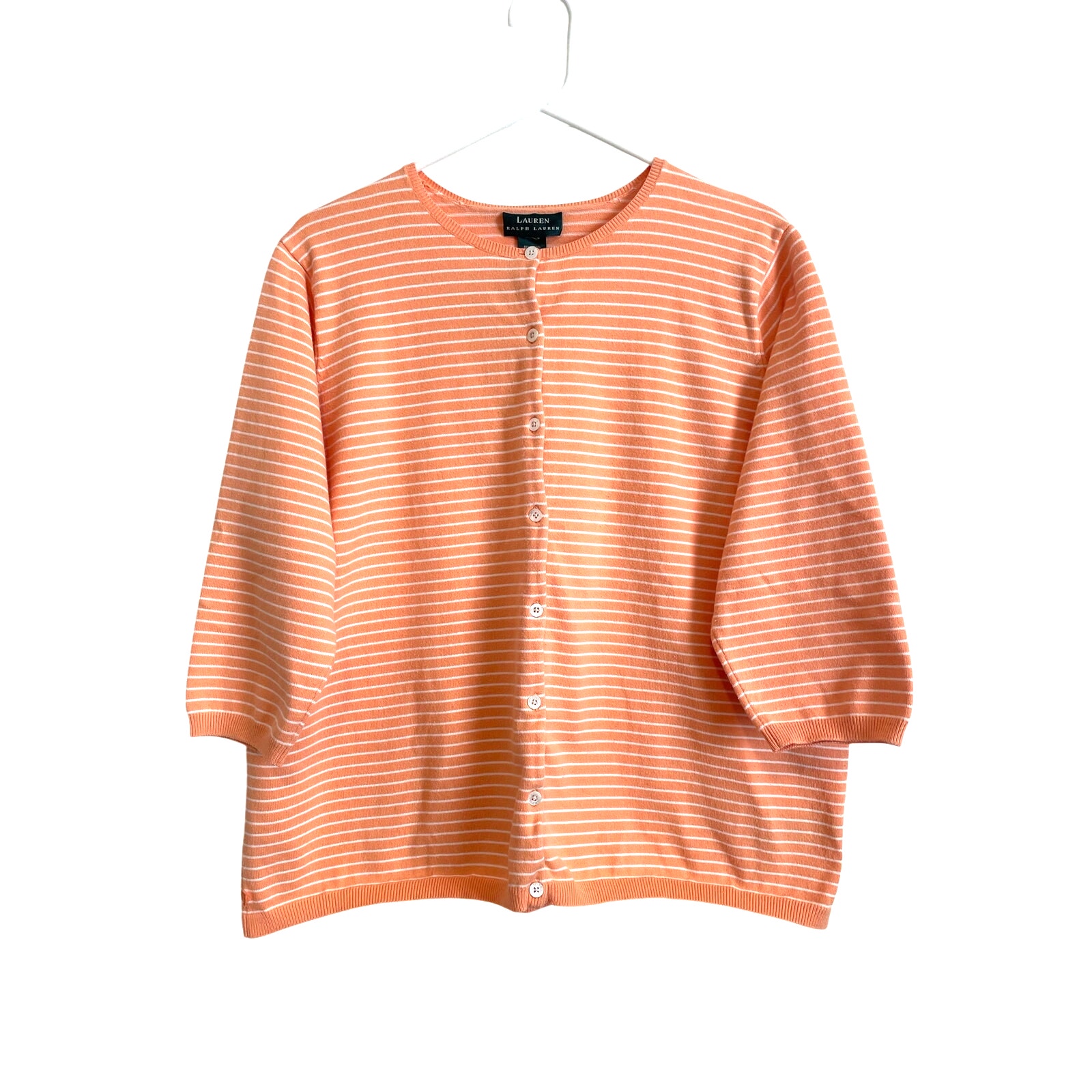 Lauren Ralph Lauren Orange Striped Cardigan Sweater 3/4 Sleeve Buttons 16-18